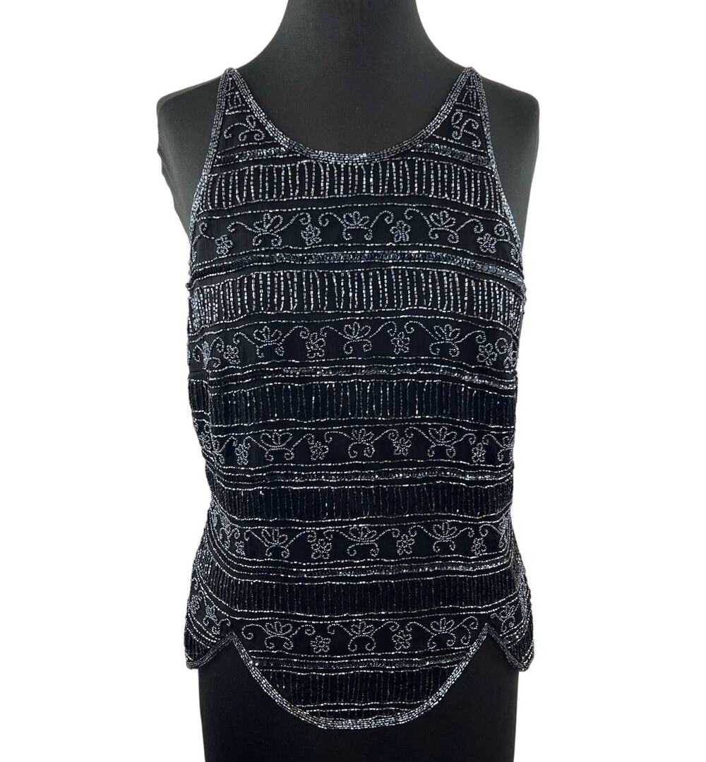 VINTAGE Stenay Black Gray Beaded Silk High Neck Tank Sparkle Scalloped VTG XL